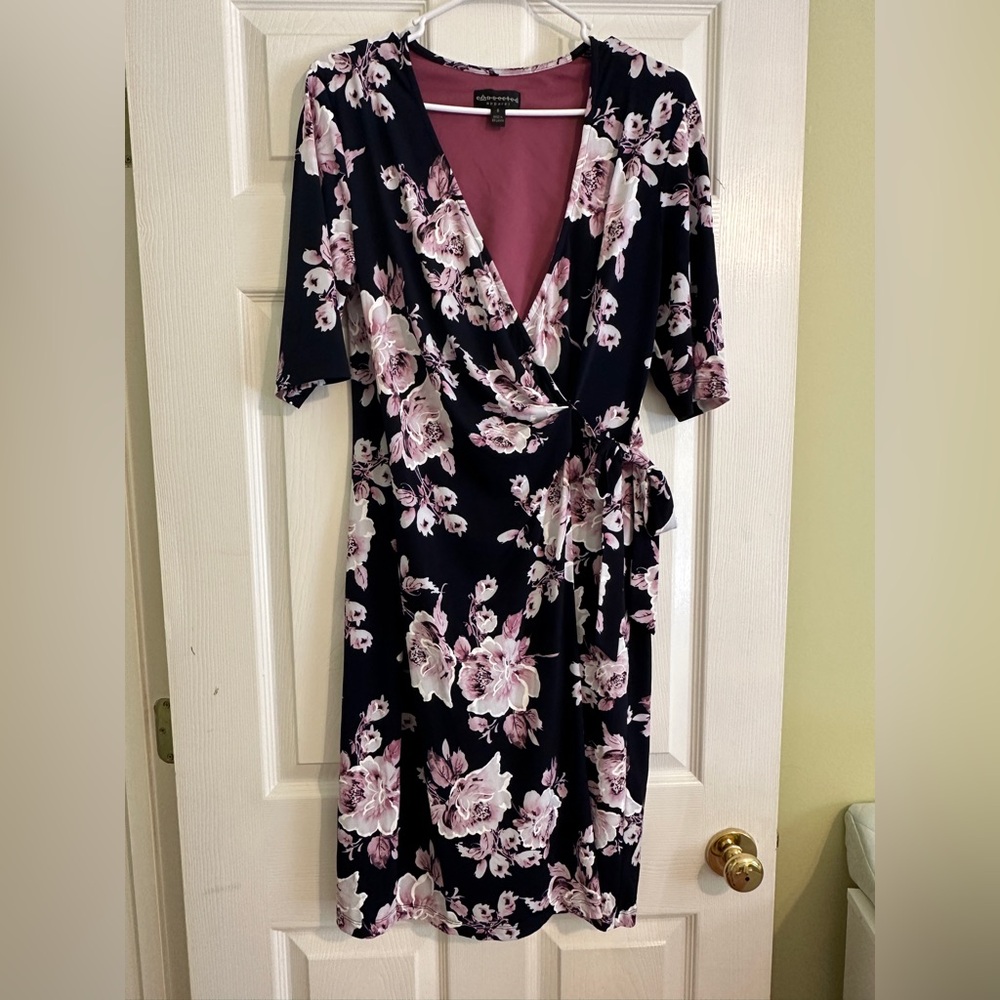 Connected Apparel Navy and Pink Floral Midi Dress